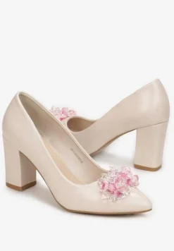 Beżowe Czółenka na Słupku z Wkładką ze Skóry Naturalnej Reyusa