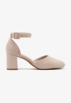 Beżowe Czółenka na Słupku ze Skórzaną Wkładką Ozdobione Paskiem przy Kostce Clarissara