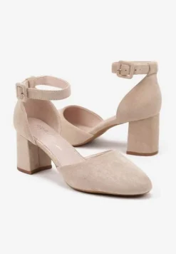 Beżowe Czółenka na Słupku ze Skórzaną Wkładką Ozdobione Paskiem przy Kostce Clarissara