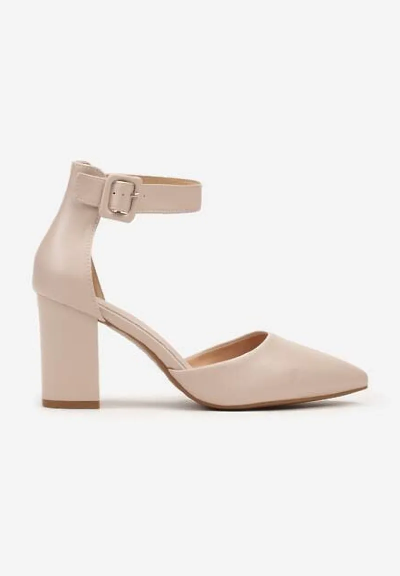 Beżowe Czółenka na Słupku ze Skórzaną Wkładką i Paskiem przy Kostce Alorelle