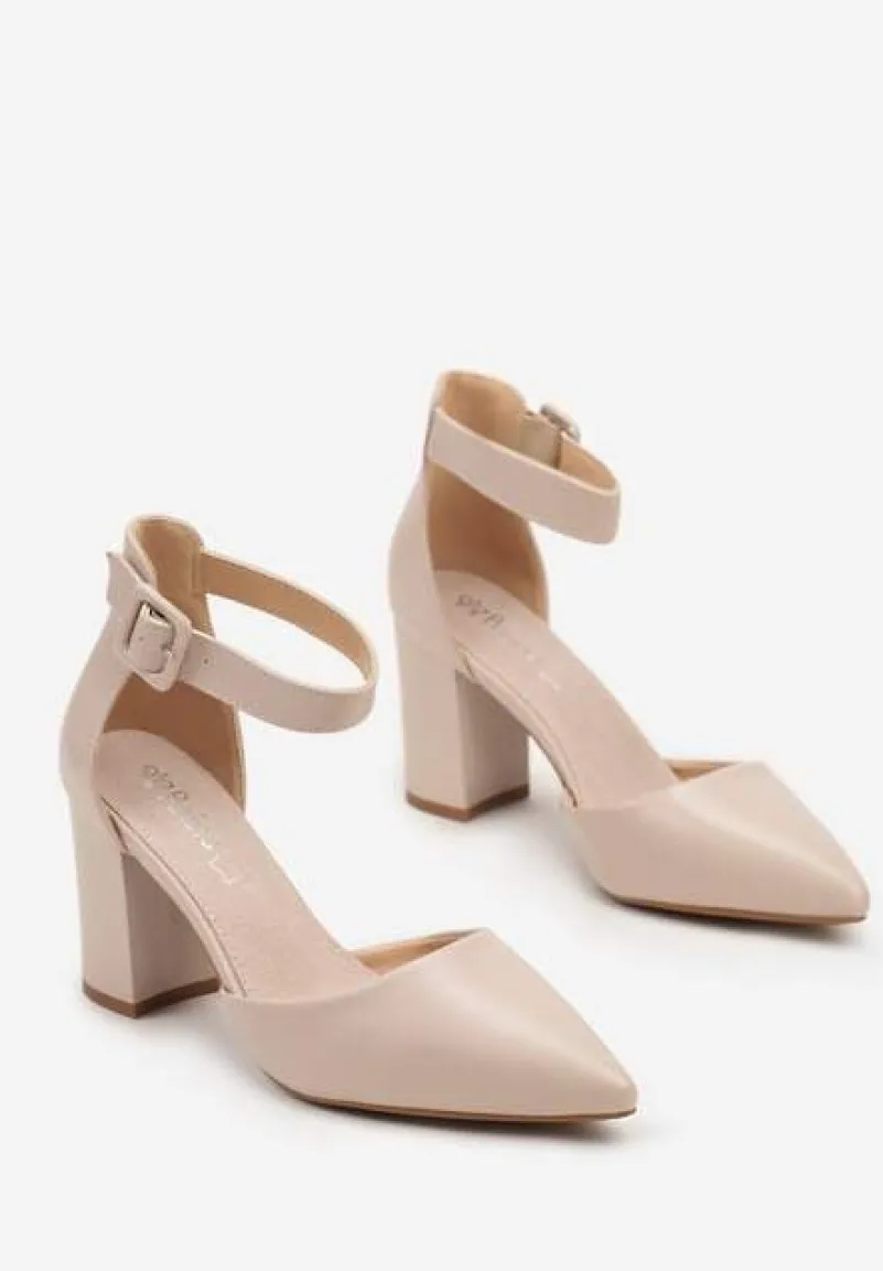 Beżowe Czółenka na Słupku ze Skórzaną Wkładką i Paskiem przy Kostce Alorelle