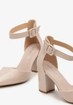 Beżowe Czółenka na Słupku ze Skórzaną Wkładką i Paskiem przy Kostce Alorelle