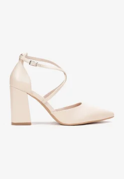 Beżowe Czółenka na Słupku ze Sprzączką i Szpiczastym Noskiem Crossmel