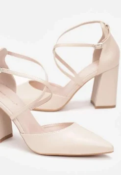 Beżowe Czółenka na Słupku ze Sprzączką i Szpiczastym Noskiem Crossmel