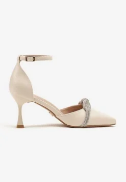 Beżowe Czółenka na Szpilce Vices z Cyrkoniową Kokardą Atennia