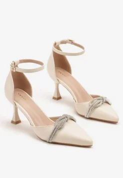 Beżowe Czółenka na Szpilce Vices z Cyrkoniową Kokardą Atennia