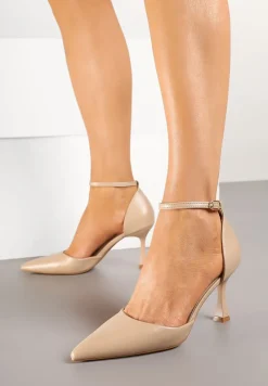 Beżowe Czółenka na Szpilce z Paskiem Wokół Kostki Eleantia