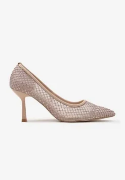 Beżowe Czółenka na Szpilce z Błyszczącymi Cyrkoniami na Siateczce Arikea