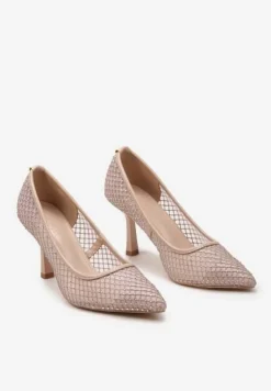 Beżowe Czółenka na Szpilce z Błyszczącymi Cyrkoniami na Siateczce Arikea