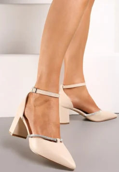 Beżowe Czółenka Ozdobione Cyrkoniami na Słupku z Zapięciem wokół Kostki Verali