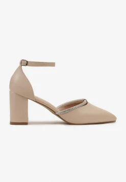 Beżowe Czółenka Ozdobione Cyrkoniami na Słupku z Zapięciem wokół Kostki Verali