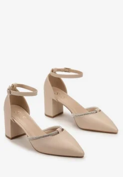 Beżowe Czółenka Ozdobione Cyrkoniami na Słupku z Zapięciem wokół Kostki Verali