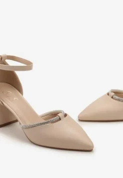 Beżowe Czółenka Ozdobione Cyrkoniami na Słupku z Zapięciem wokół Kostki Verali