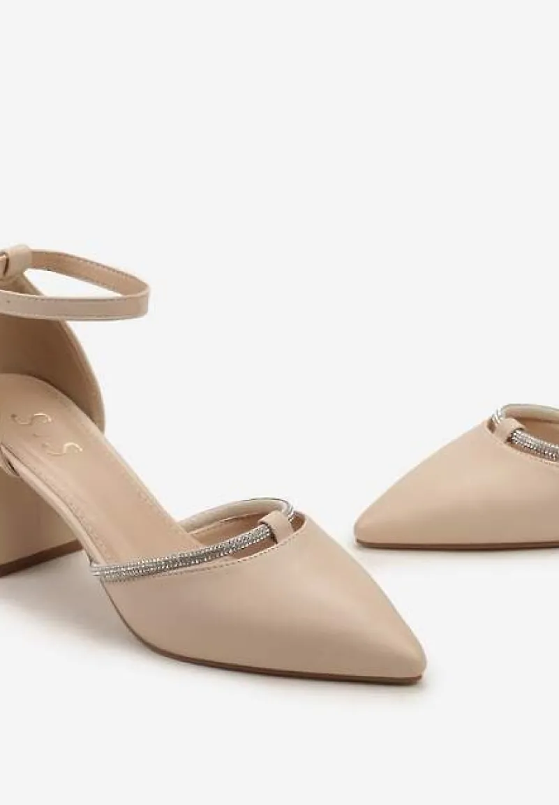 Beżowe Czółenka Ozdobione Cyrkoniami na Słupku z Zapięciem wokół Kostki Verali