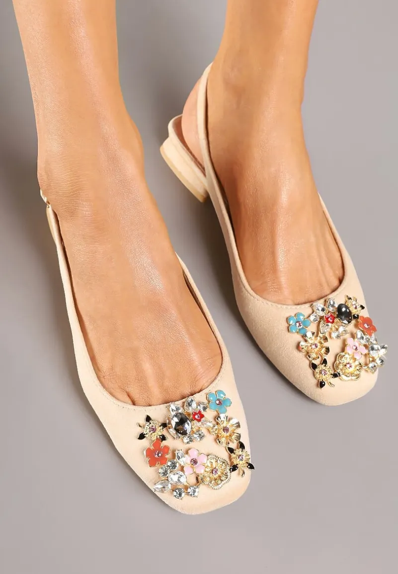 Beżowe Czółenka Slingback Vices z Cyrkoniami i Wkładką ze Skóry Eklina