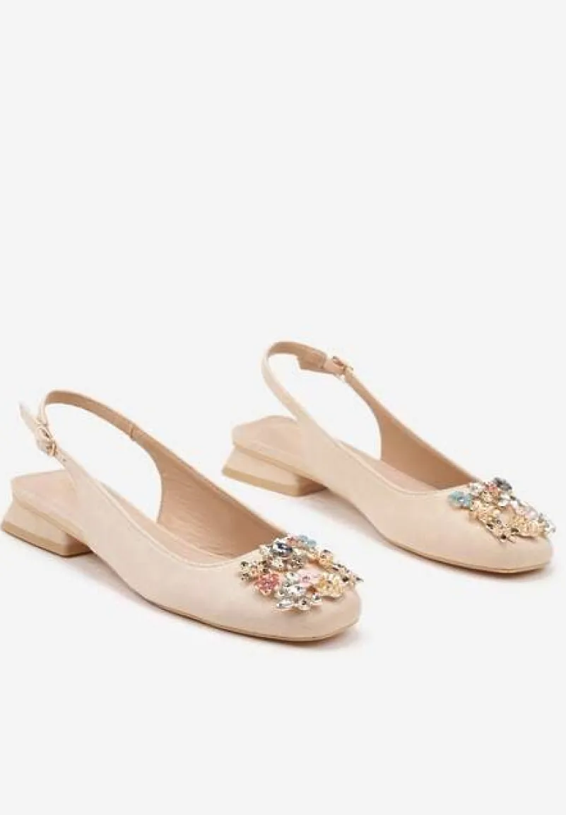 Beżowe Czółenka Slingback Vices z Cyrkoniami i Wkładką ze Skóry Eklina