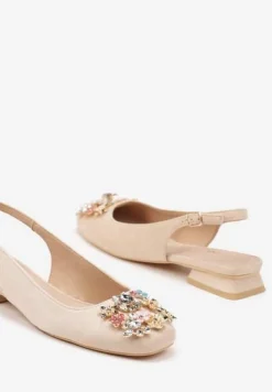 Beżowe Czółenka Slingback Vices z Cyrkoniami i Wkładką ze Skóry Eklina