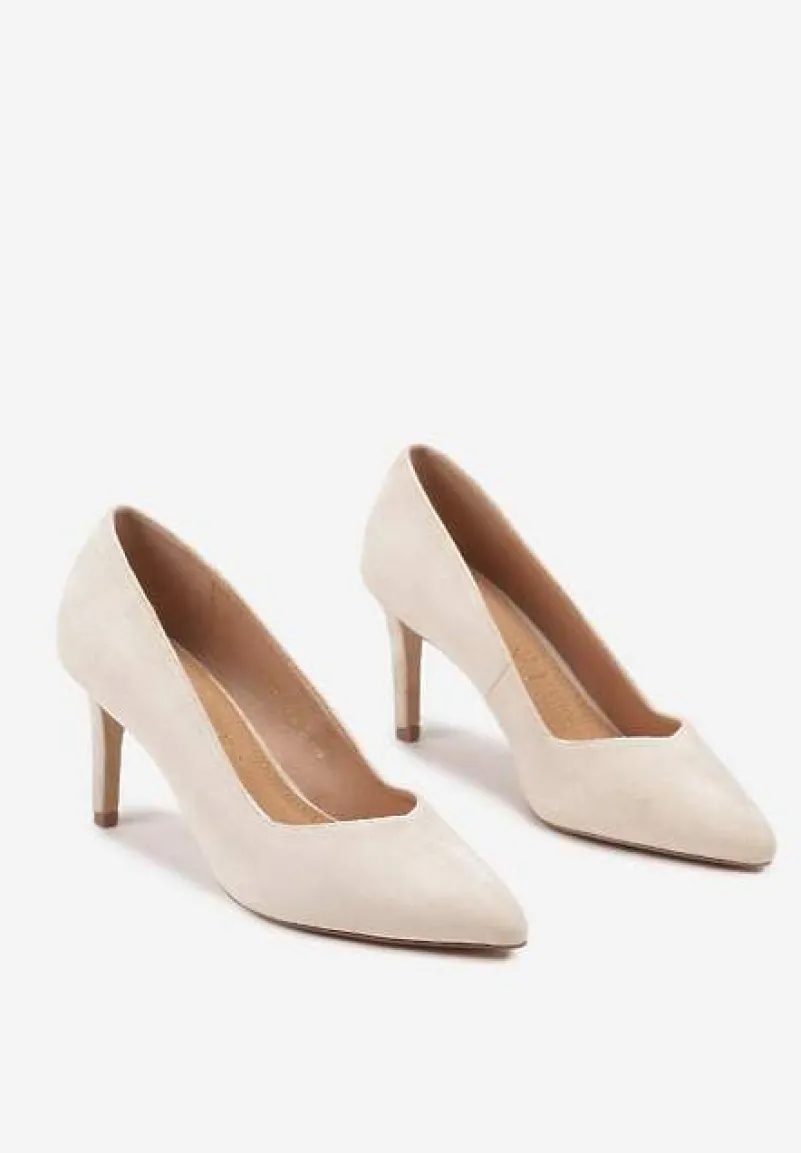 Beżowe Czółenka Szpilki z Wkładką ze Skóry Naturalnej ze Szpiczastym Noskiem Mairisse