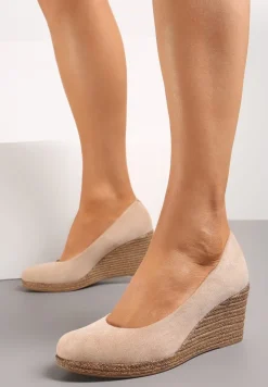 Beżowe Czółenka Vices na Koturnie z Błyszczącej Plecionki ze Skórzaną Wkładką Utruste