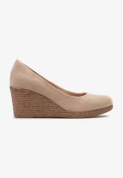 Beżowe Czółenka Vices na Koturnie z Błyszczącej Plecionki ze Skórzaną Wkładką Utruste