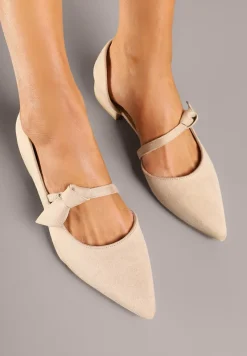 Beżowe Czółenka Vices na Płaskiej Podeszwie ze Skórzaną Wkładką z Supełkiem Liliarine