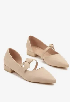 Beżowe Czółenka Vices na Płaskiej Podeszwie ze Skórzaną Wkładką z Supełkiem Liliarine