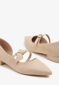 Beżowe Czółenka Vices na Płaskiej Podeszwie ze Skórzaną Wkładką z Supełkiem Liliarine