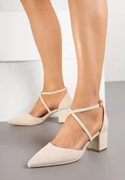 Beżowe Czółenka Vices na Słupku z Wkładką ze Skóry Naturalnej i Ozdobnymi Paskami Lizzetta