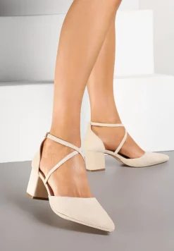 Beżowe Czółenka Vices na Słupku z Wkładką ze Skóry Naturalnej i Ozdobnymi Paskami Lizzetta