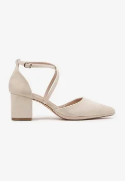 Beżowe Czółenka Vices na Słupku z Wkładką ze Skóry Naturalnej i Ozdobnymi Paskami Lizzetta