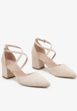 Beżowe Czółenka Vices na Słupku z Wkładką ze Skóry Naturalnej i Ozdobnymi Paskami Lizzetta