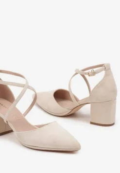 Beżowe Czółenka Vices na Słupku z Wkładką ze Skóry Naturalnej i Ozdobnymi Paskami Lizzetta