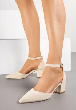 Beżowe Czółenka Vices na Słupku z Wkładką ze Skóry Naturalnej Seathra