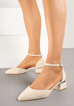 Beżowe Czółenka Vices na Słupku z Wkładką ze Skóry Naturalnej i Paskiem Wokół Kostki Zolori