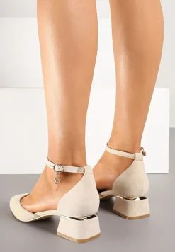 Beżowe Czółenka Vices na Słupku z Wkładką ze Skóry Naturalnej i Paskiem Wokół Kostki Zolori