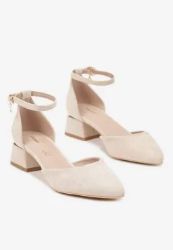 Beżowe Czółenka Vices na Słupku z Wkładką ze Skóry Naturalnej i Paskiem Wokół Kostki Zolori