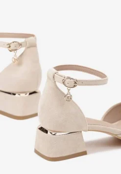 Beżowe Czółenka Vices na Słupku z Wkładką ze Skóry Naturalnej i Paskiem Wokół Kostki Zolori