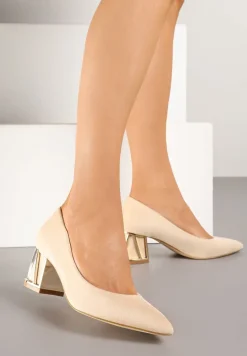 Beżowe Czółenka Vices na Słupku z Metalicznym Detalem i Wkładką ze Skóry Arvisin