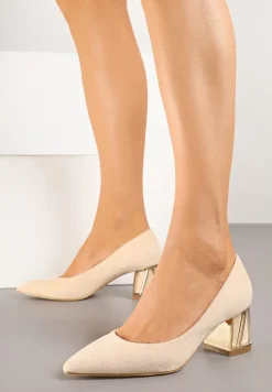 Beżowe Czółenka Vices na Słupku z Metalicznym Detalem i Wkładką ze Skóry Arvisin