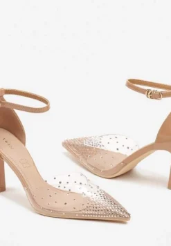 Beżowe Czółenka Vices na Szpilce z Wkładką ze Skóry Naturalnej Ozdobione Cyrkoniami Lilarin