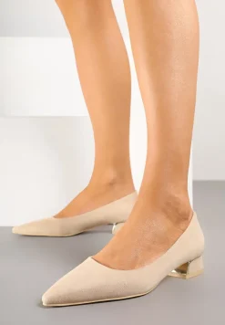 Beżowe Czółenka Vices z Wkładką ze Skóry Naturalnej i Metaliczną Aplikacją Edilania