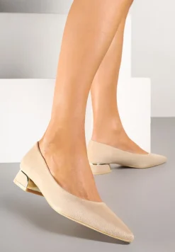 Beżowe Czółenka Vices z Wkładką ze Skóry Naturalnej i Metaliczną Aplikacją Edilania