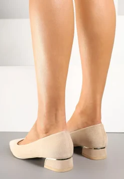 Beżowe Czółenka Vices z Wkładką ze Skóry Naturalnej i Metaliczną Aplikacją Edilania