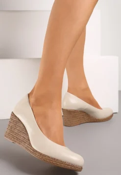 Beżowe Czółenka Vices ze Skórzaną Wkładką na Plecionym Koturnie Serapne
