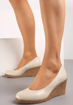 Beżowe Czółenka Vices ze Skórzaną Wkładką na Plecionym Koturnie Serapne