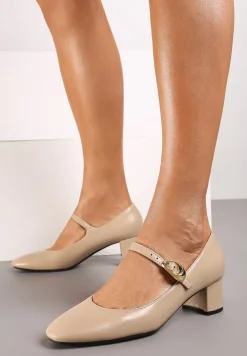 Beżowe Czółenka w Stylu Mary Jane na Słupku Daithara