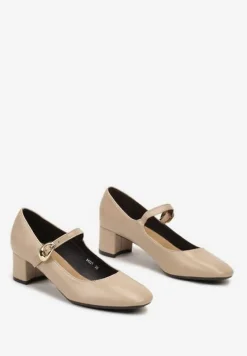 Beżowe Czółenka w Stylu Mary Jane na Słupku Daithara