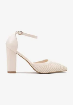 Beżowe Czółenka z Ekoskóry Zapinane przy Kostce ze Słupkowym Obcasem Dimlli