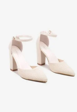 Beżowe Czółenka z Ekoskóry Zapinane przy Kostce ze Słupkowym Obcasem Dimlli