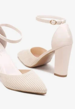 Beżowe Czółenka z Ekoskóry Zapinane przy Kostce ze Słupkowym Obcasem Dimlli